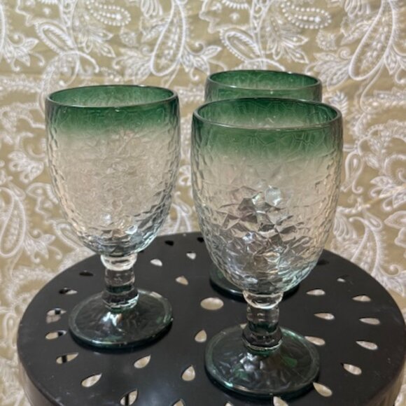 Set of  3 Large Vintage Libbey Ombre Green Crackle Glass Wine/Water Goblets - Picture 2 of 16